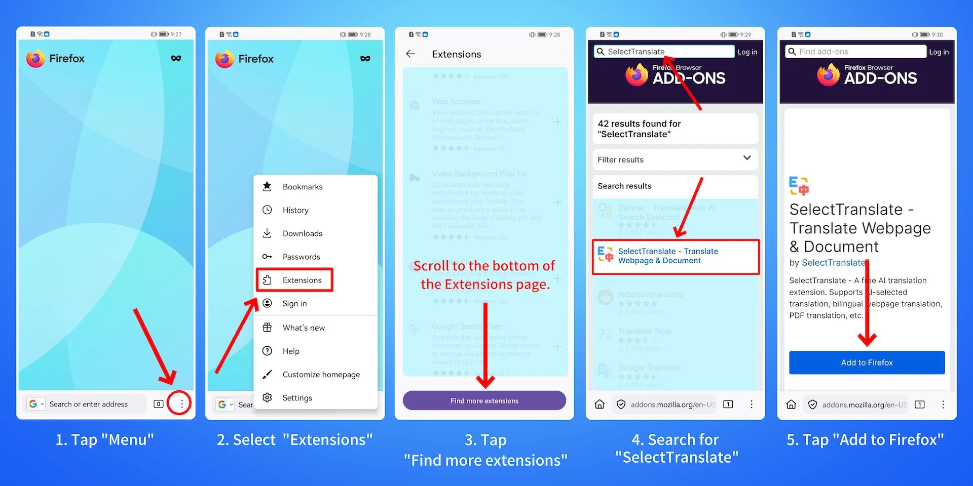 Install the SelectTranslate extension in the Firefox Android browser